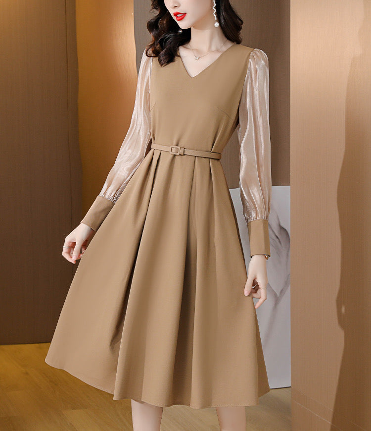 Khaki Retro Spliced A-line Long-sleeve Dress