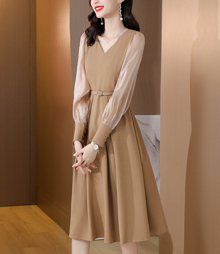 Khaki Retro Spliced A-line Long-sleeve Dress