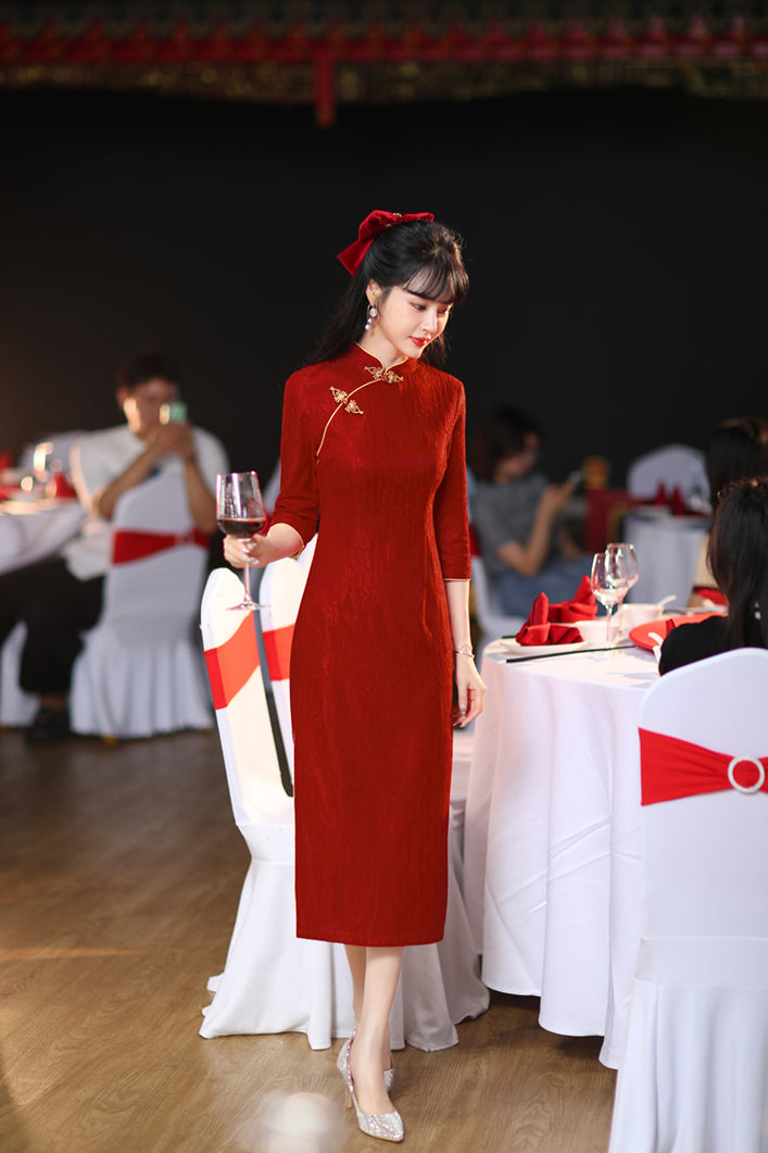 Claret Red Mid-length Cheongsam