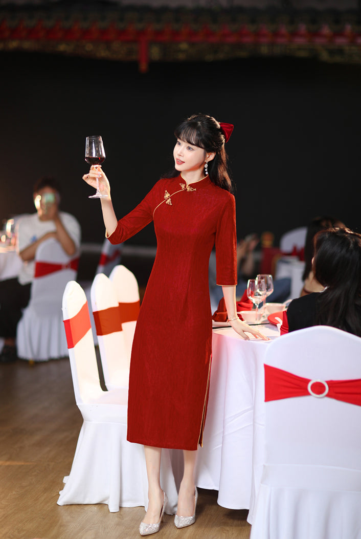 Claret Red Mid-length Cheongsam