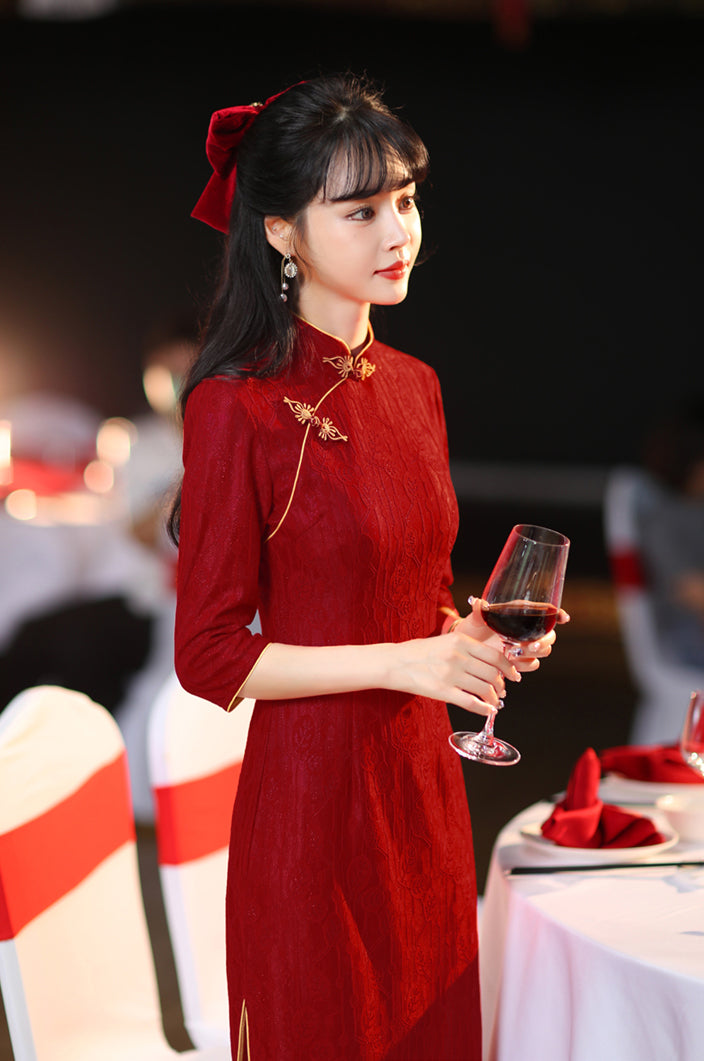 Claret Red Mid-length Cheongsam