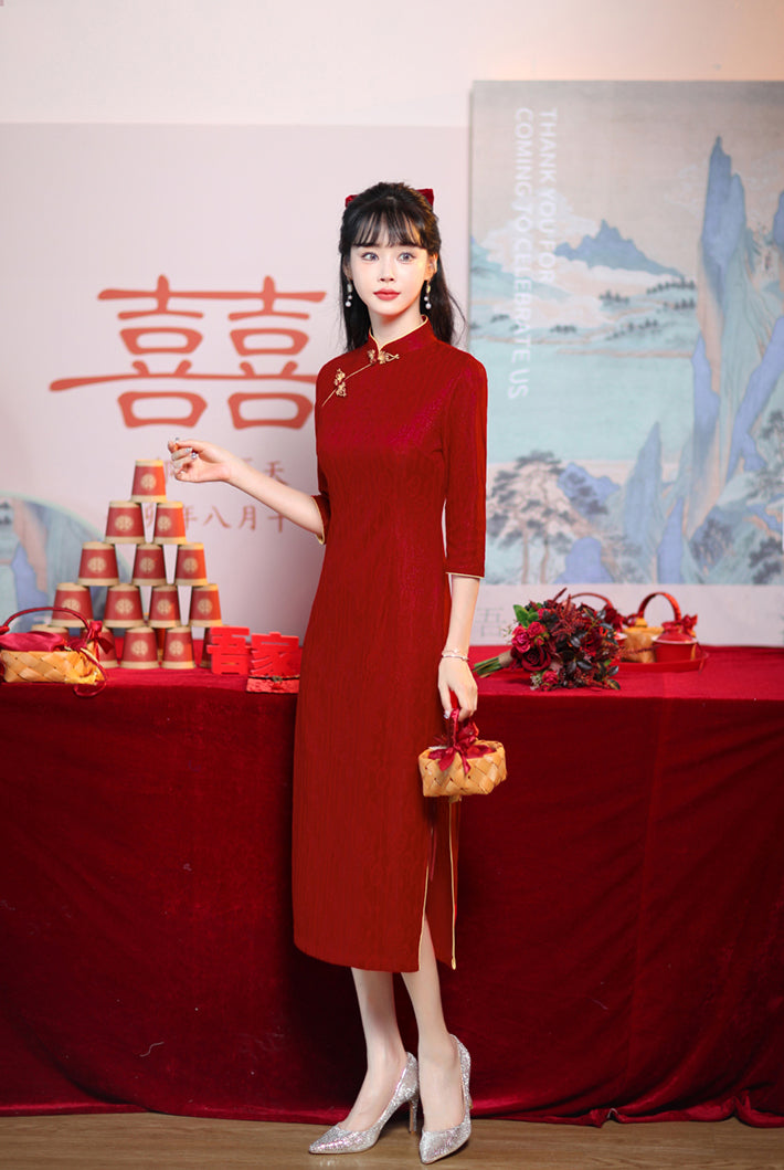 Claret Red Mid-length Cheongsam