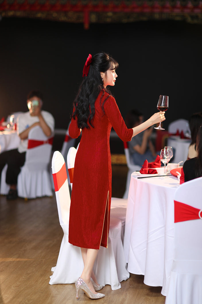 Claret Red Mid-length Cheongsam