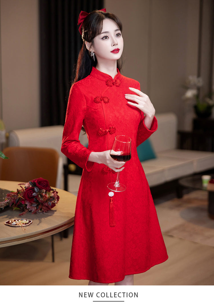 Red Casual Long-sleeve Cheongsam