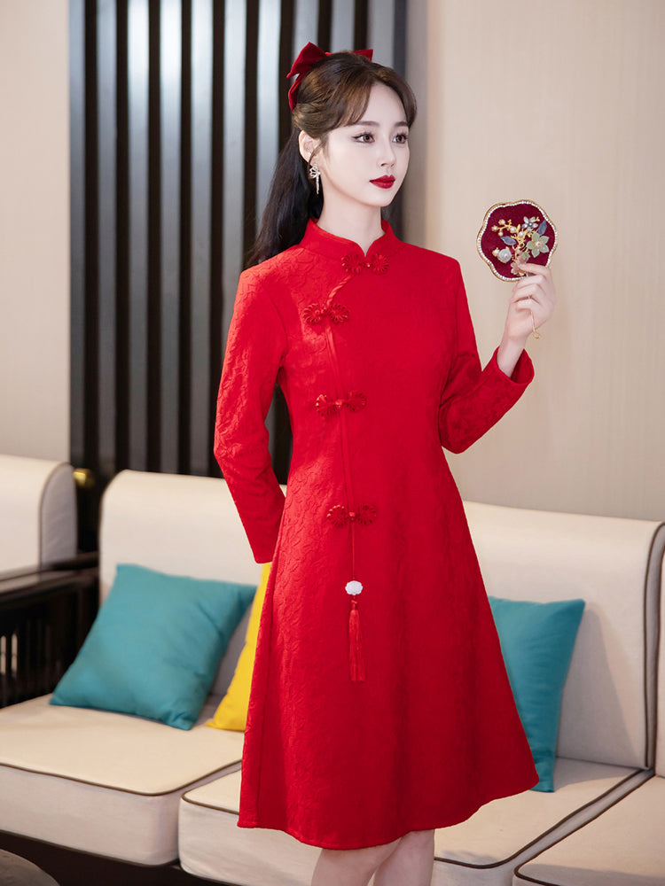 Red Casual Long-sleeve Cheongsam