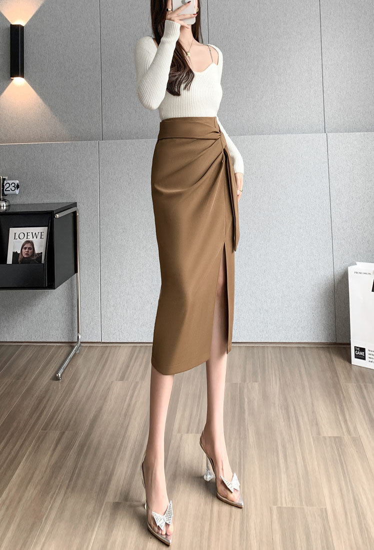 High Waist Mid-length Slit Skirt