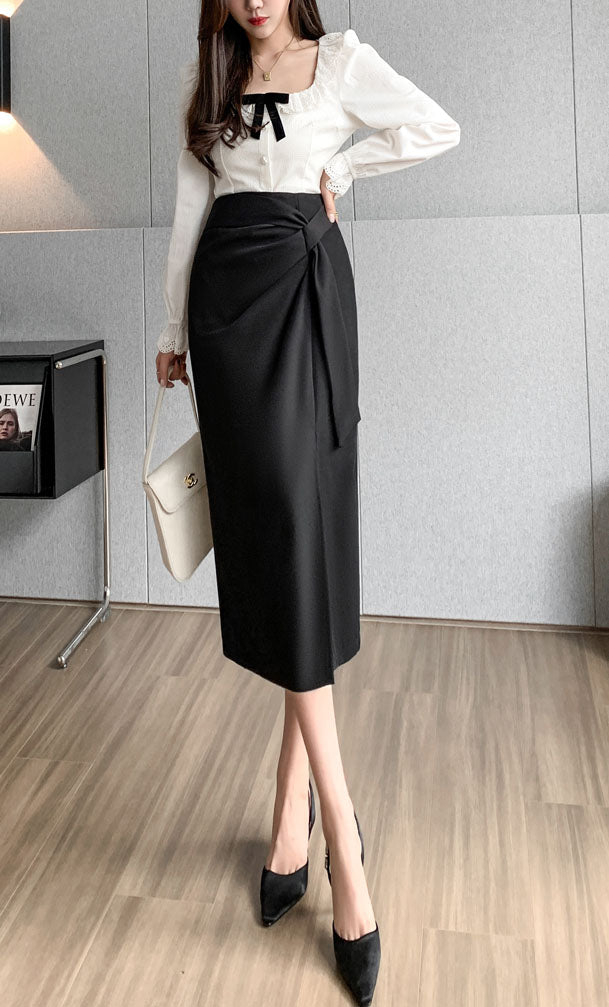 High Waist Mid-length Slit Skirt