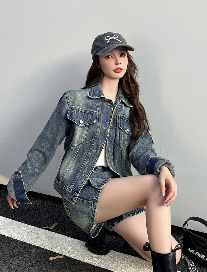 Retro Denim Jacket + Skort Two Pieces Set