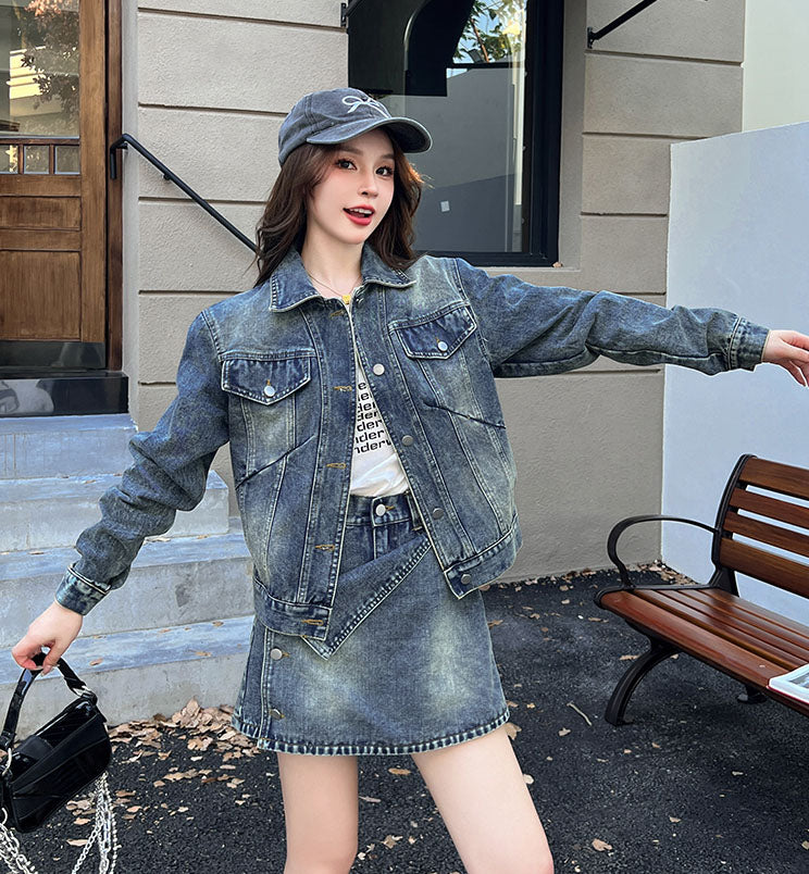 Retro Denim Jacket + Skort Two Pieces Set