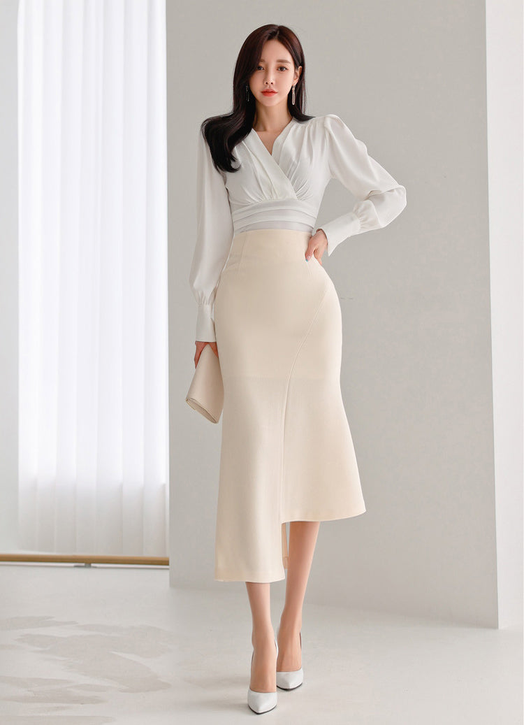 Cross V-neck Pleated Puff Sleeve Shirt + High Waist Fishtail Skirt Two-piece Set