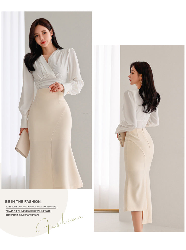 Cross V-neck Pleated Puff Sleeve Shirt + High Waist Fishtail Skirt Two-piece Set