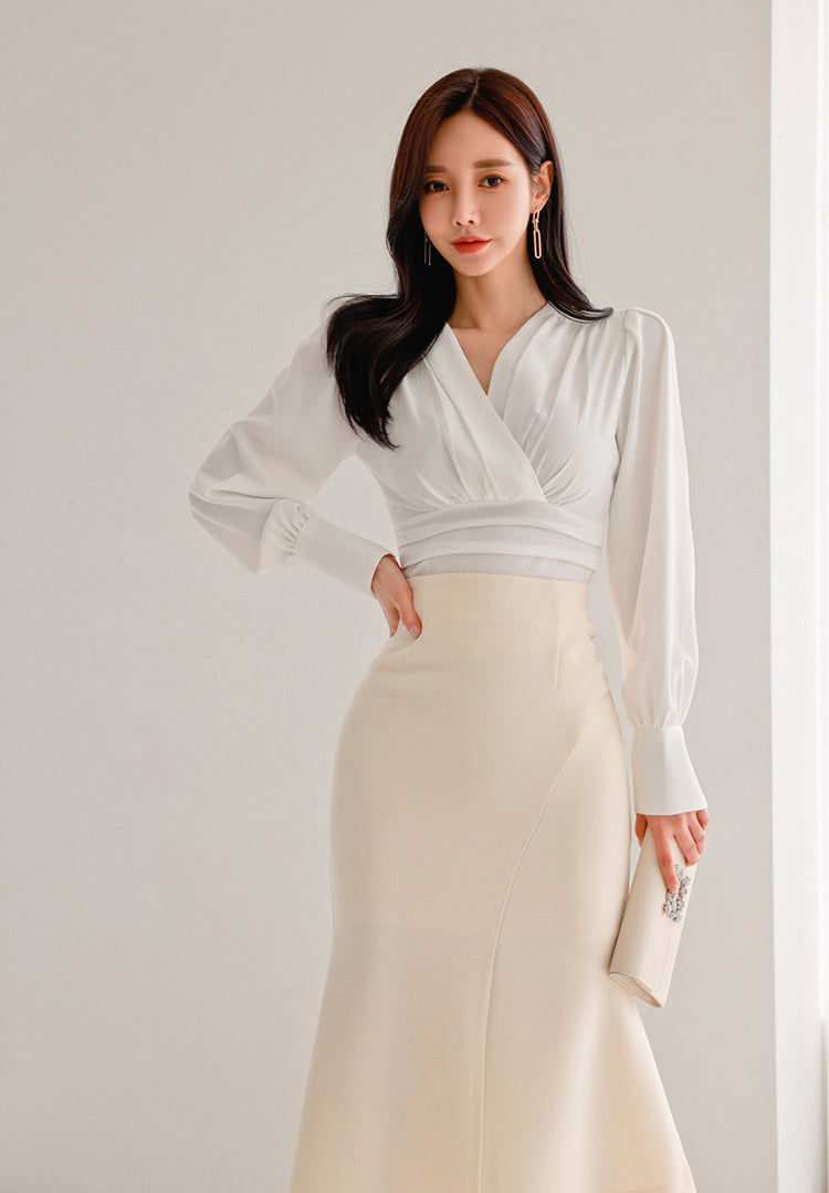 Cross V-neck Pleated Puff Sleeve Shirt + High Waist Fishtail Skirt Two-piece Set