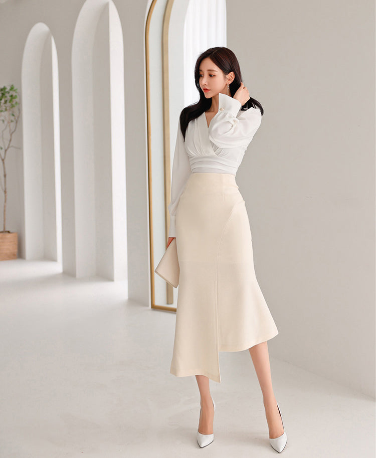 Cross V-neck Pleated Puff Sleeve Shirt + High Waist Fishtail Skirt Two-piece Set