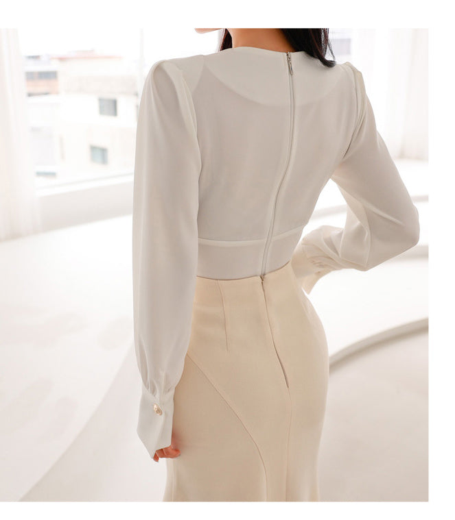 Cross V-neck Pleated Puff Sleeve Shirt + High Waist Fishtail Skirt Two-piece Set