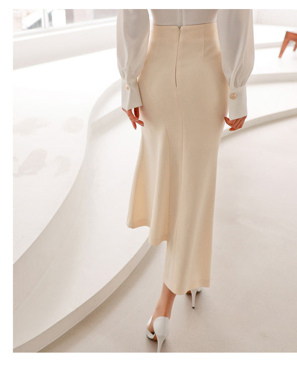 Cross V-neck Pleated Puff Sleeve Shirt + High Waist Fishtail Skirt Two-piece Set