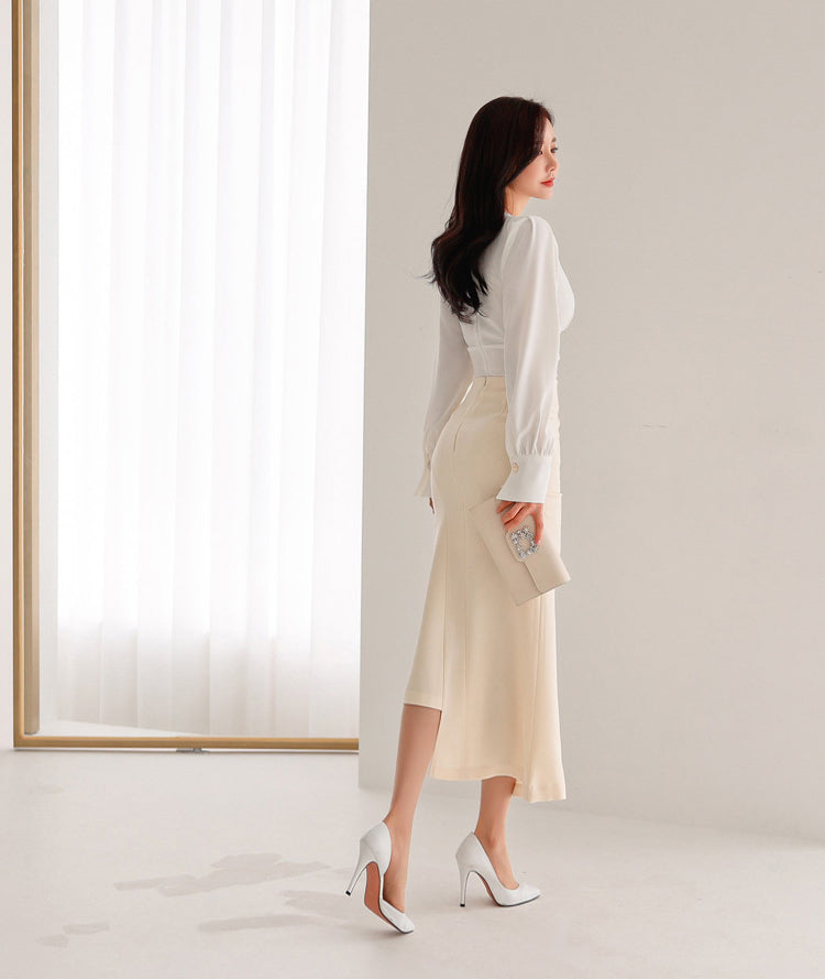 Cross V-neck Pleated Puff Sleeve Shirt + High Waist Fishtail Skirt Two-piece Set