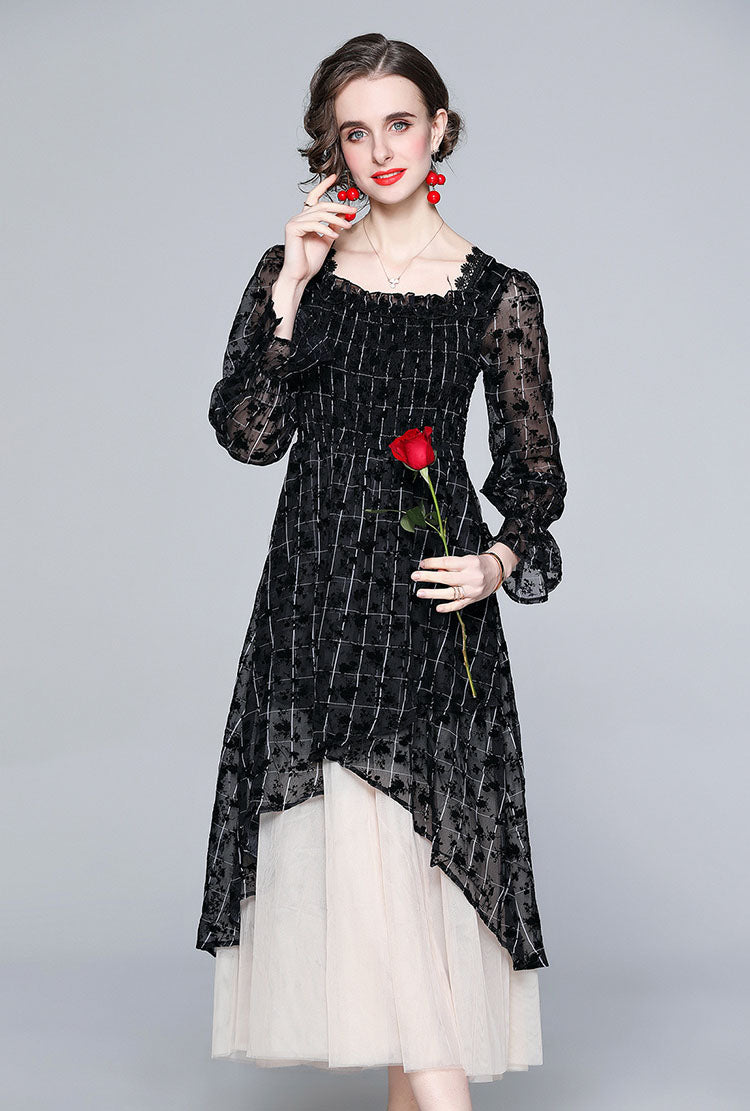 Black And White Flocking Flower Retro Elegant Dress