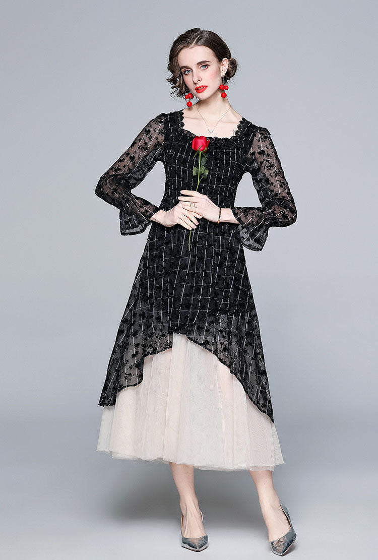 Black And White Flocking Flower Retro Elegant Dress