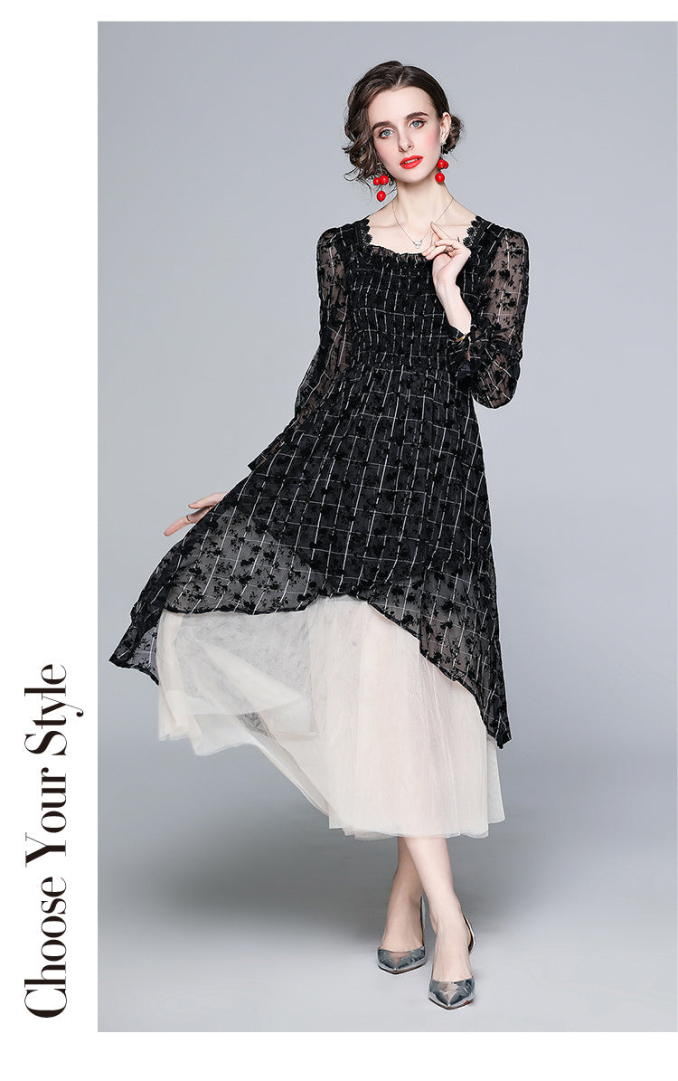 Black And White Flocking Flower Retro Elegant Dress