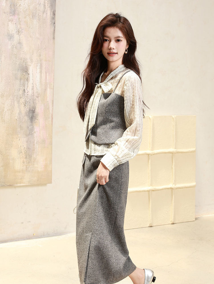 Long-sleeve Shirt + High Waist Skirt Two Pieces Set