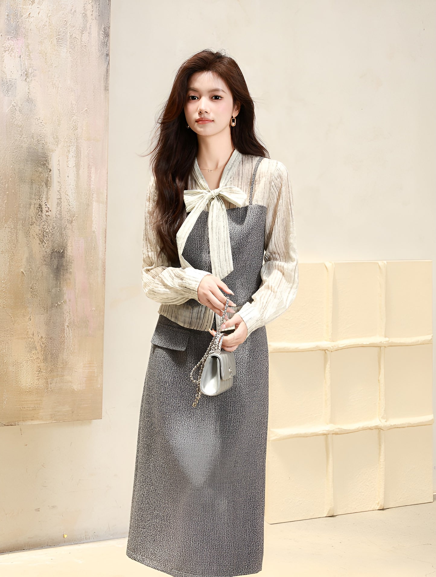 Long-sleeve Shirt + High Waist Skirt Two Pieces Set