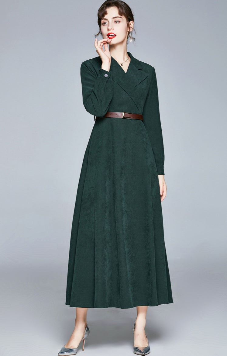 Green Suit Collar Long Dress