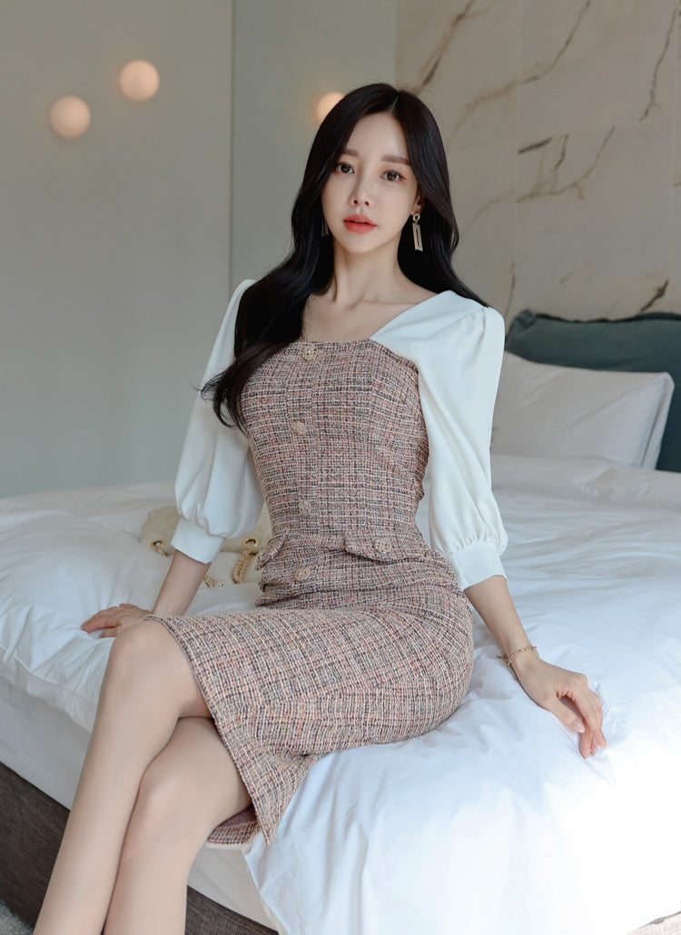 Square Neck Plaid Slim Dress