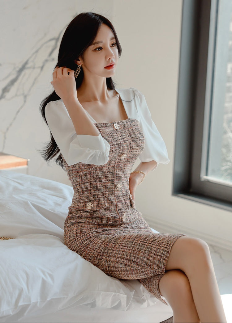 Square Neck Plaid Slim Dress