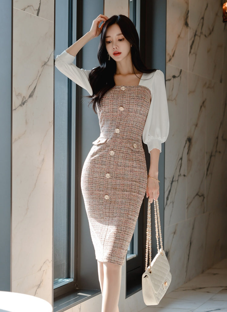 Square Neck Plaid Slim Dress