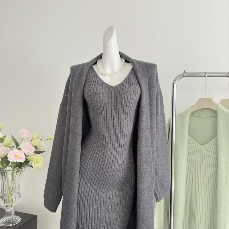 Knitted Cardigan + Sleeveless Dress Two Pieces Set