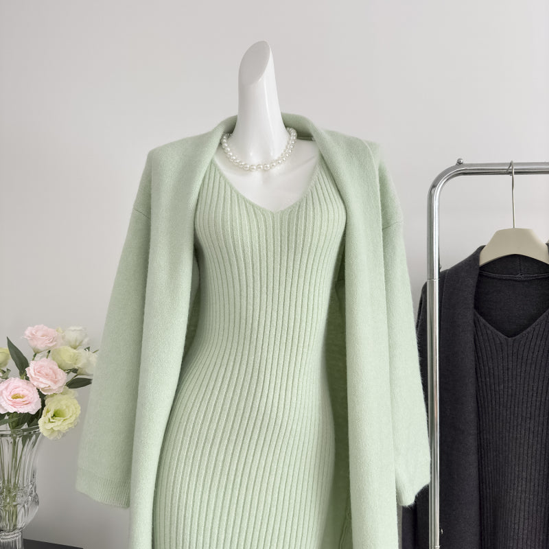 Knitted Cardigan + Sleeveless Dress Two Pieces Set