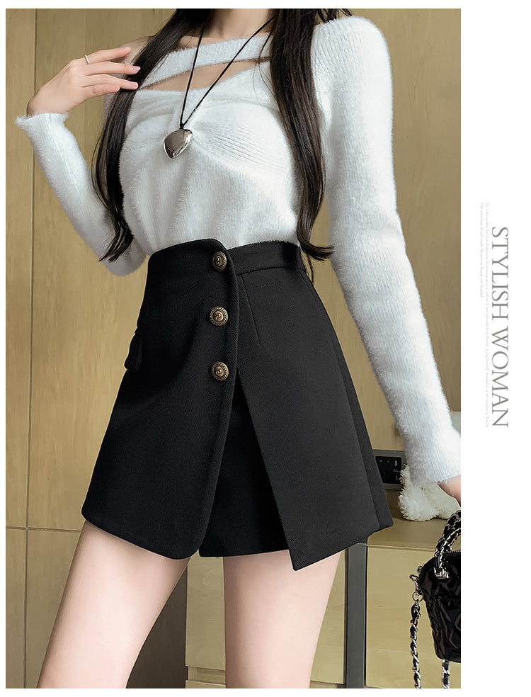 Woolen High Waist A-line Skirt