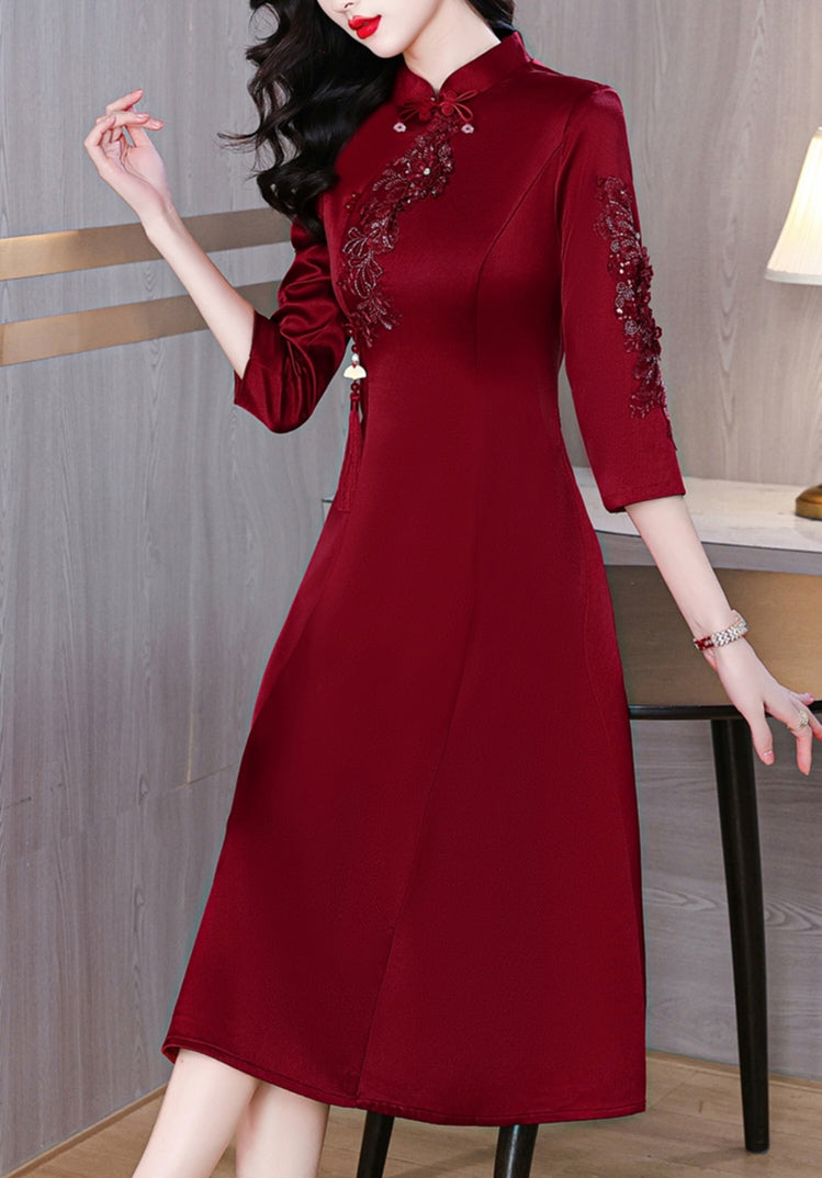 Claret Red Cheongsam Elegant Evening Dress