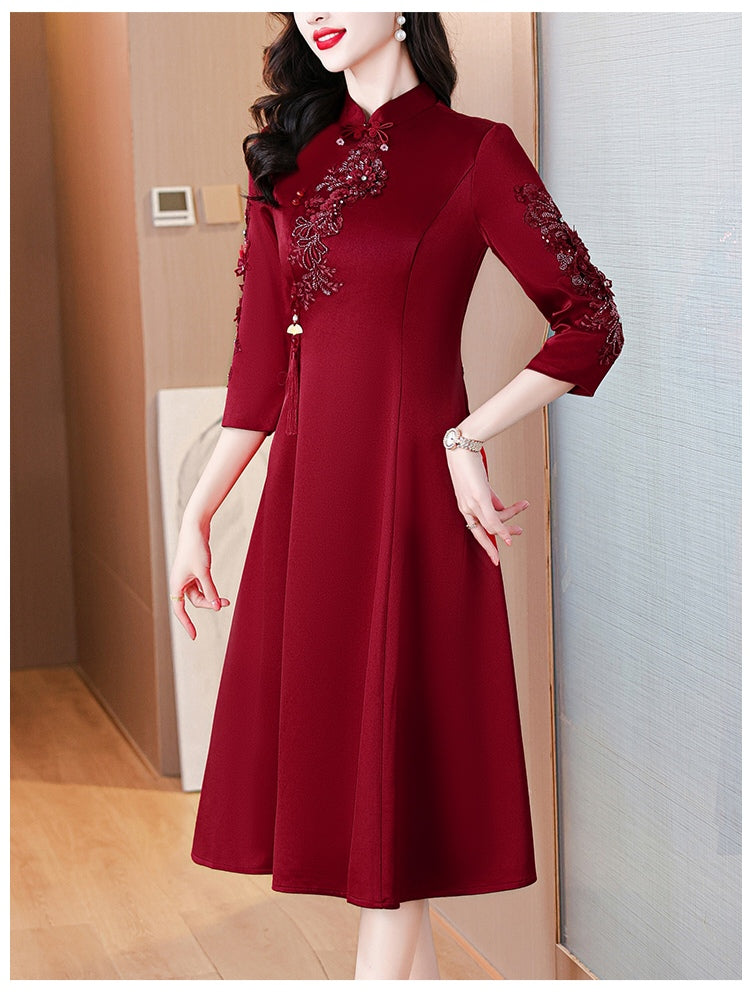 Claret Red Cheongsam Elegant Evening Dress