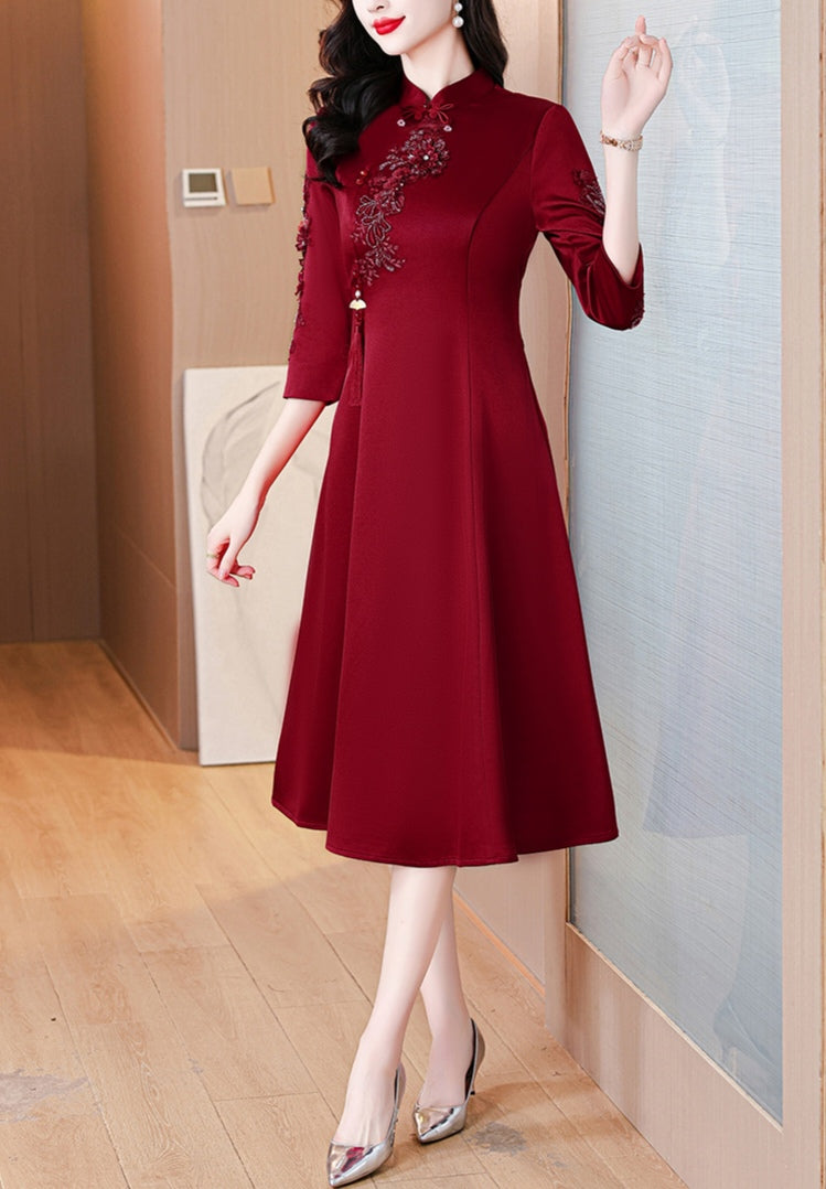 Claret Red Cheongsam Elegant Evening Dress