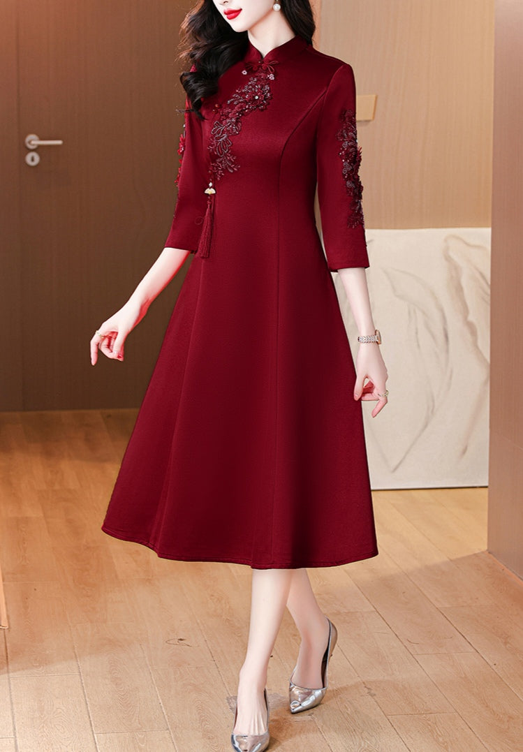 Claret Red Cheongsam Elegant Evening Dress