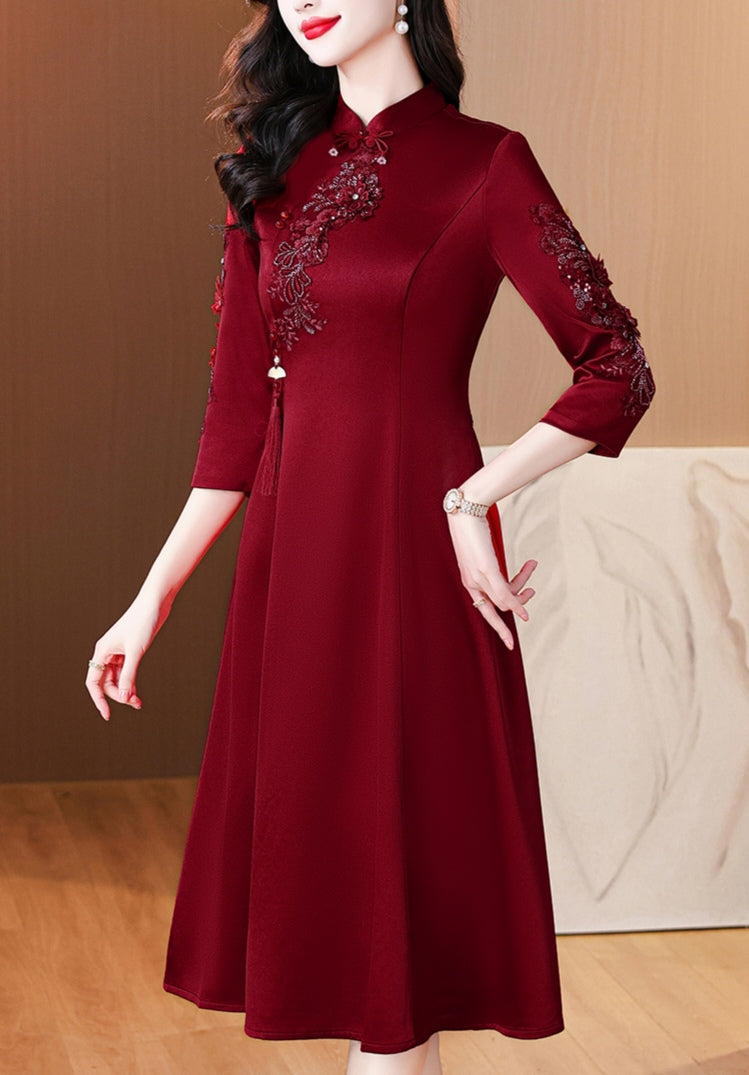 Claret Red Cheongsam Elegant Evening Dress