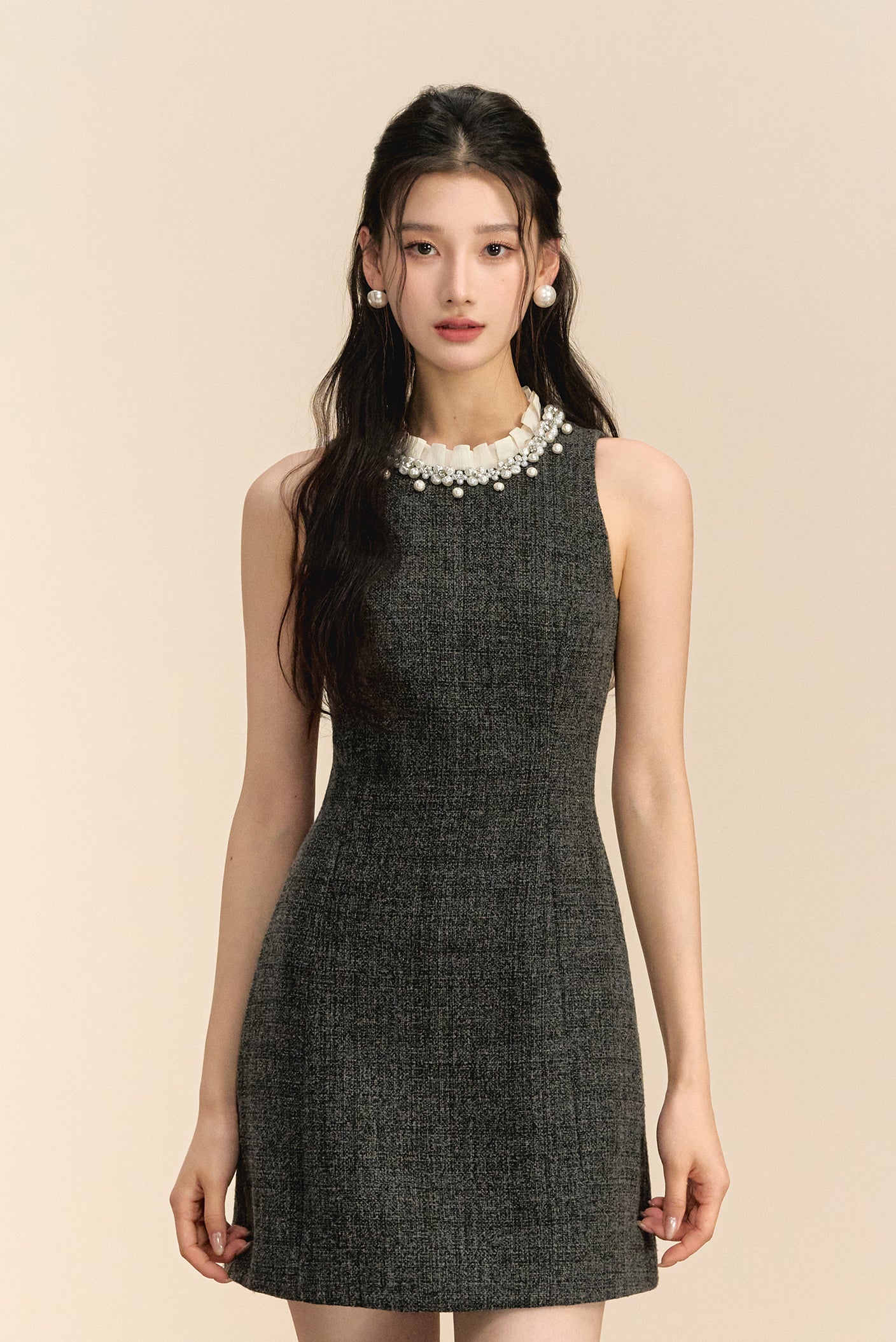 Gray Beaded Sleeveless Dress + Jacket Two Pieces Suit Set