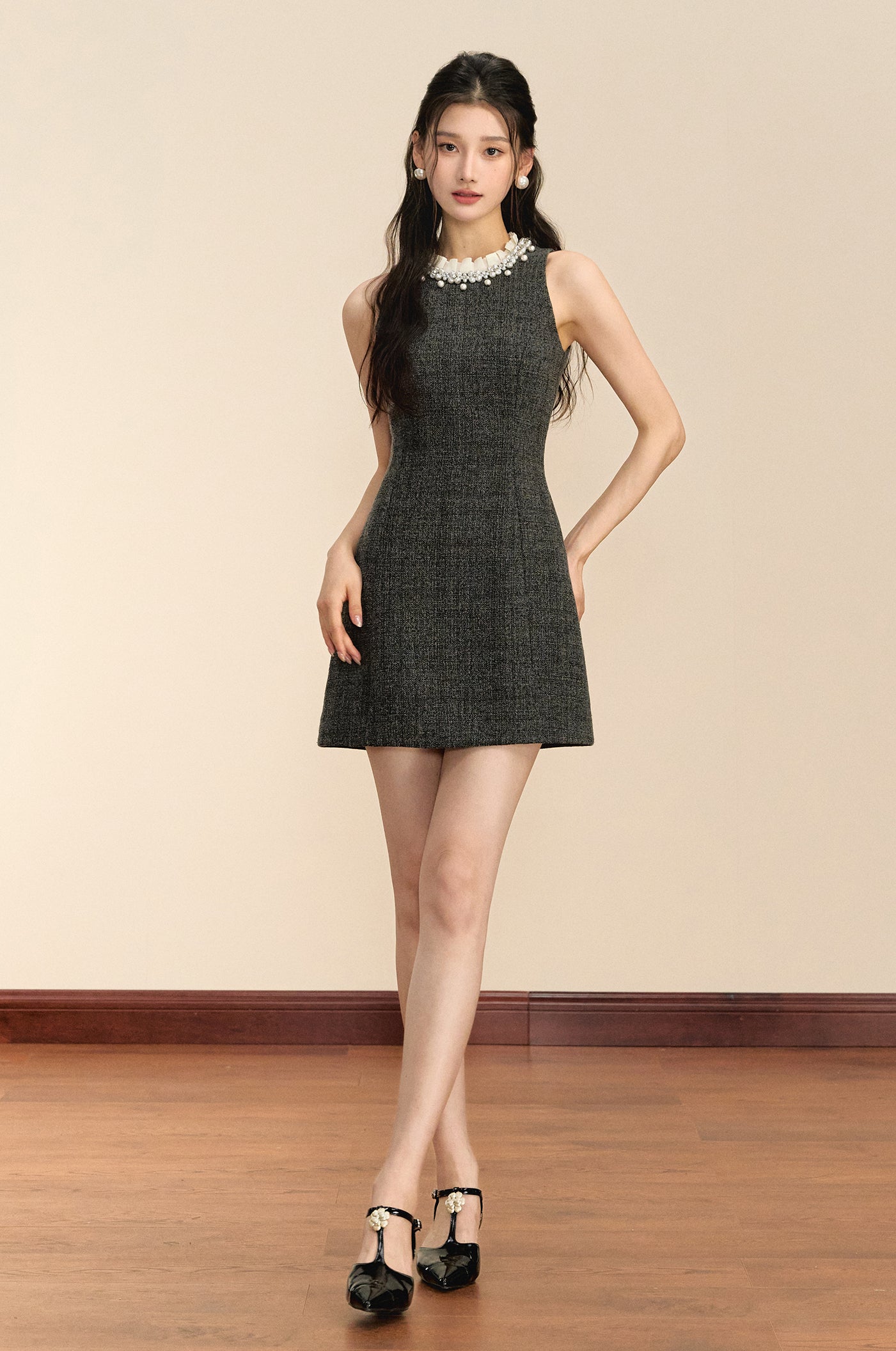 Gray Beaded Sleeveless Dress + Jacket Two Pieces Suit Set