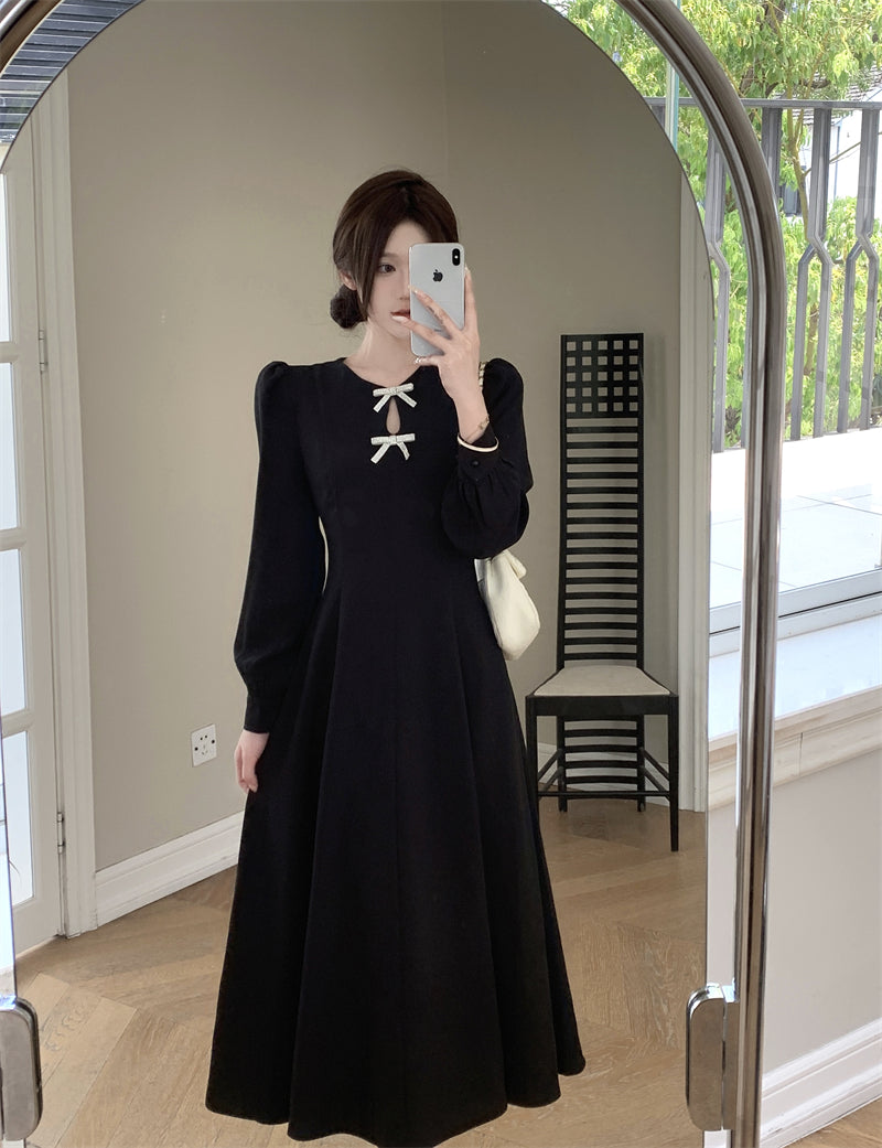 Black Long-sleeve Rhinestone Butterfly Mid Length Dress