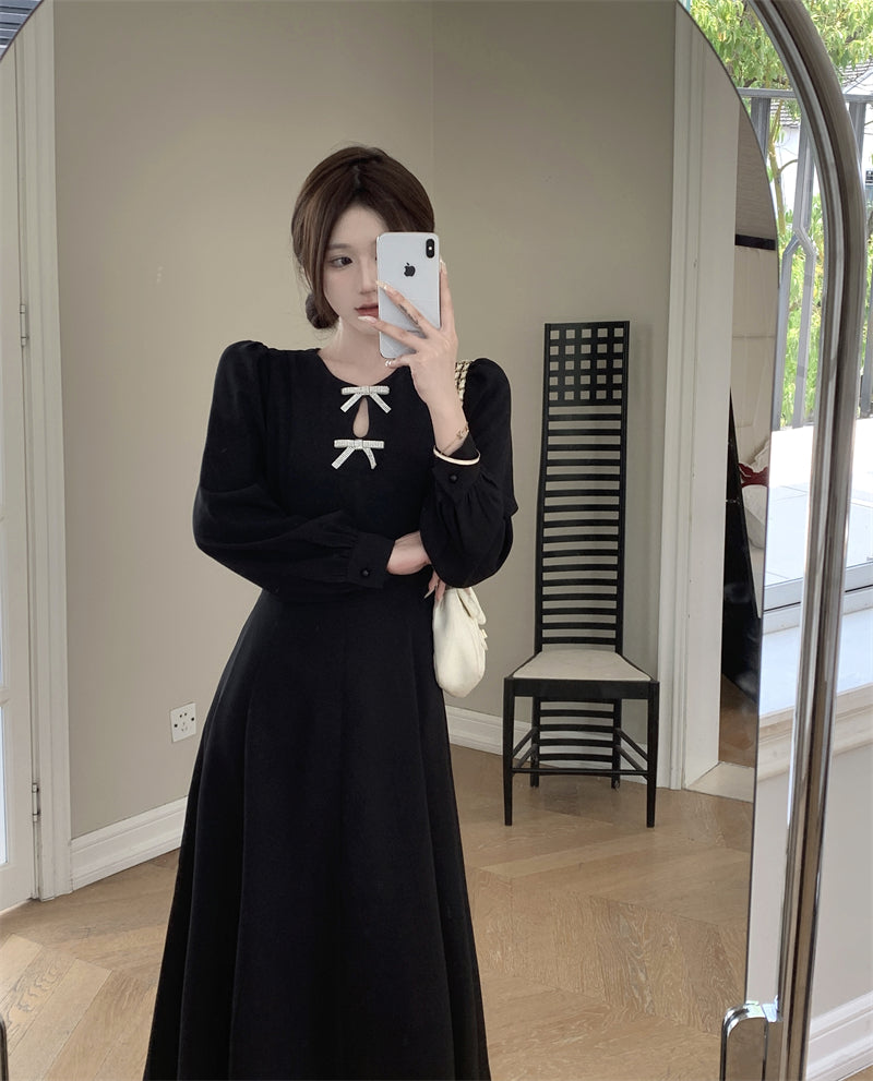 Black Long-sleeve Rhinestone Butterfly Mid Length Dress