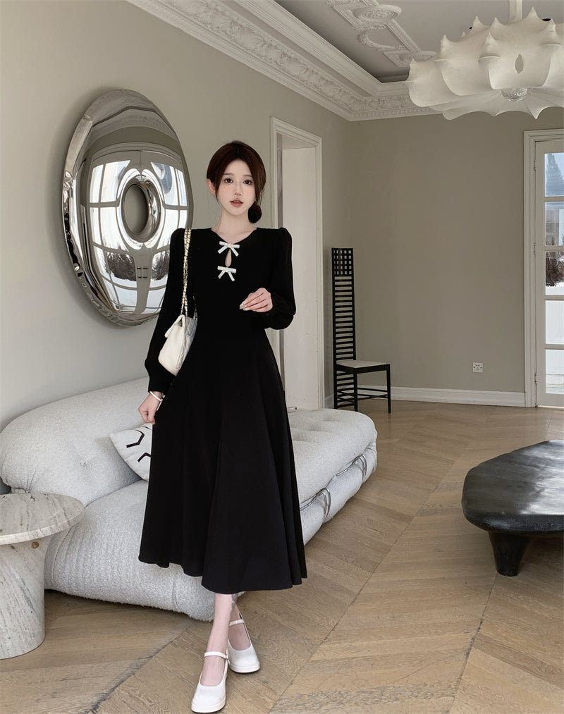 Black Long-sleeve Rhinestone Butterfly Mid Length Dress