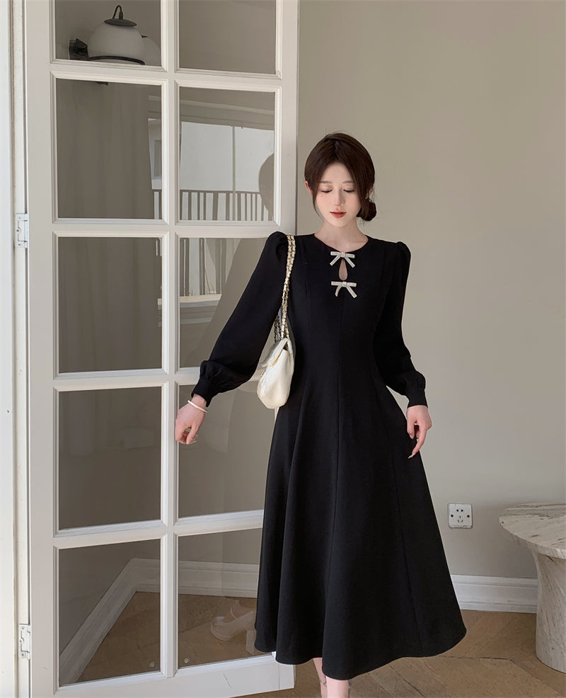 Black Long-sleeve Rhinestone Butterfly Mid Length Dress