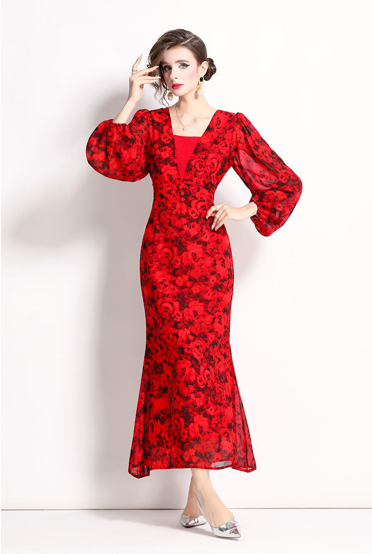 Red Rose Floral Fishtail Long Dress