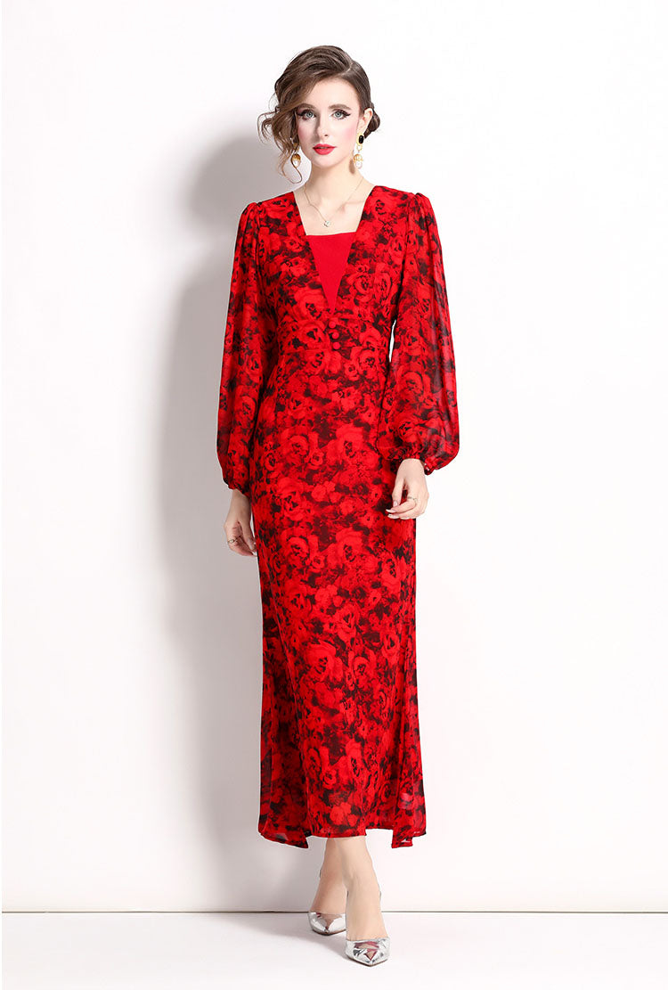 Red Rose Floral Fishtail Long Dress