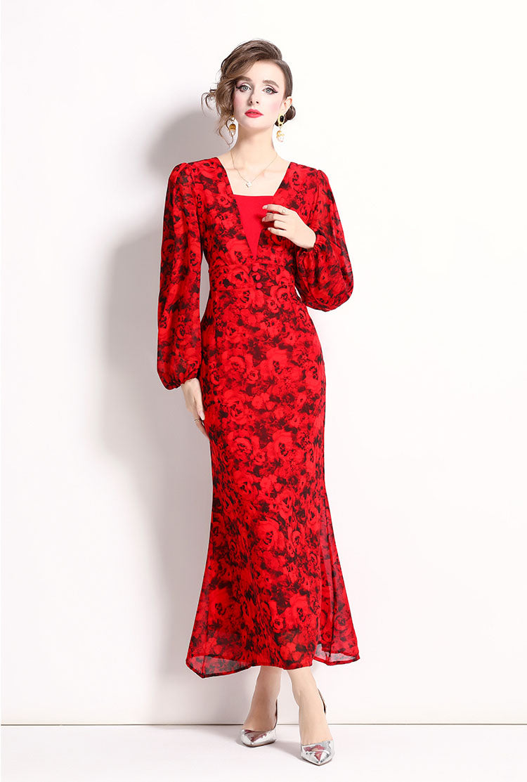 Red Rose Floral Fishtail Long Dress