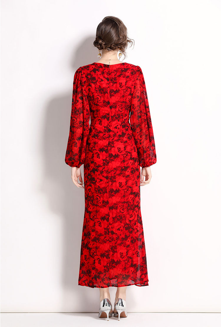 Red Rose Floral Fishtail Long Dress