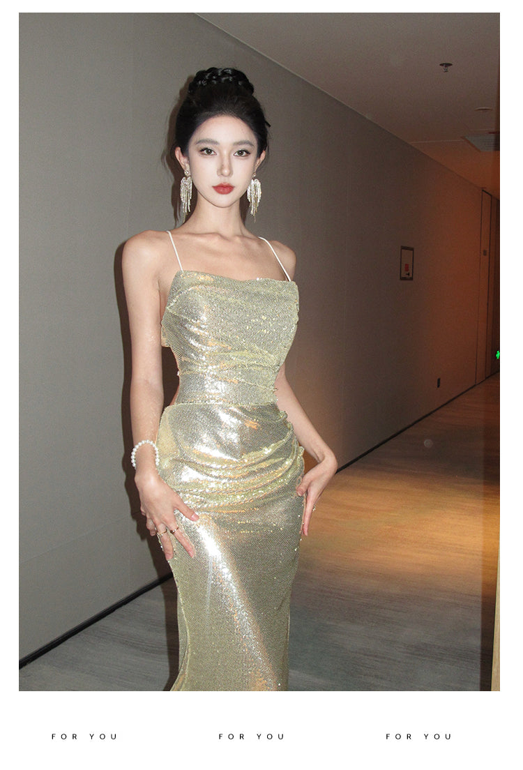 Gold Sequin Backless Evening Dress