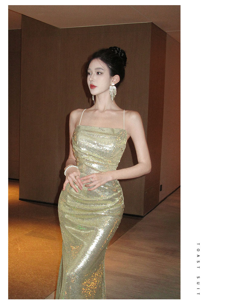 Gold Sequin Backless Evening Dress