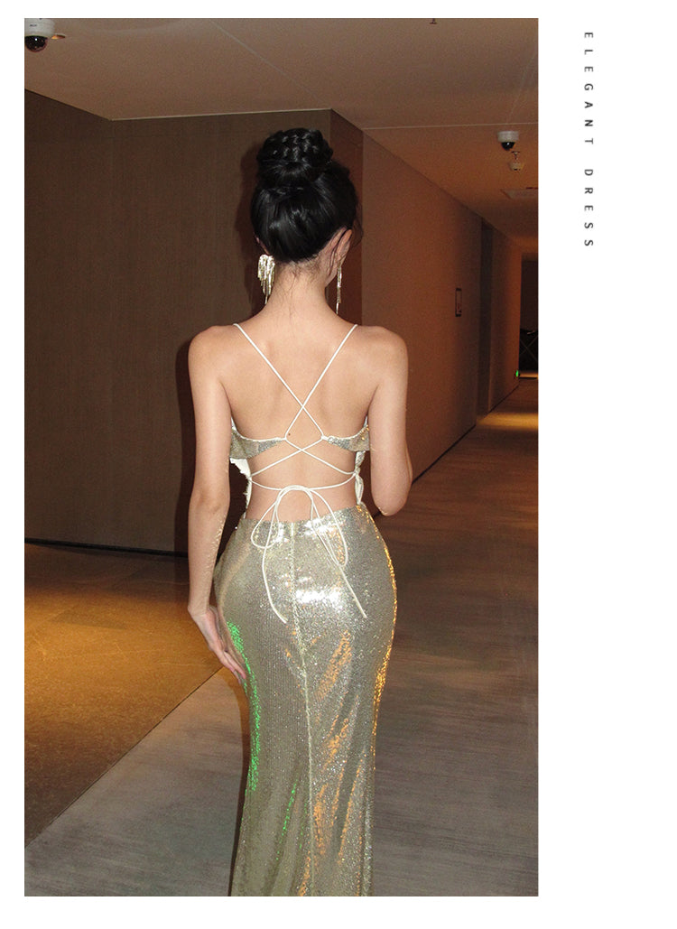 Gold Sequin Backless Evening Dress